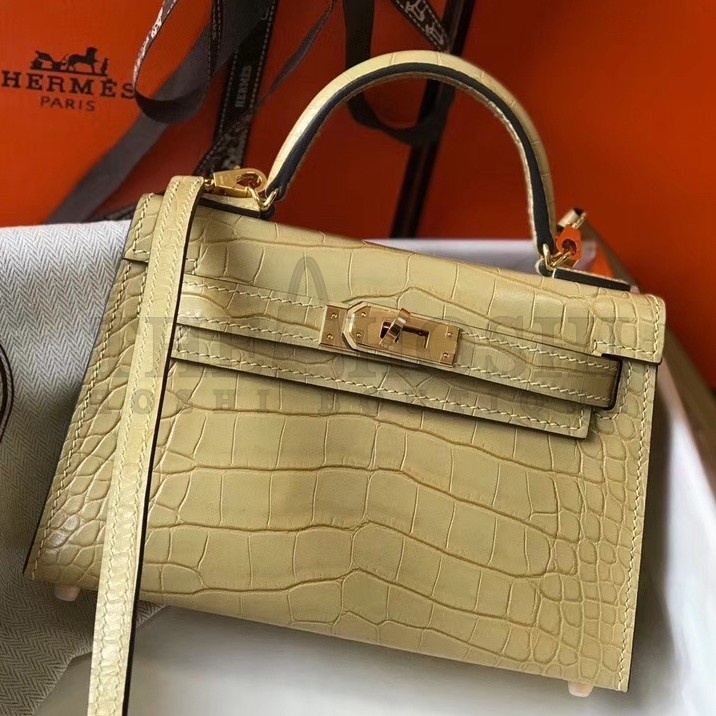 H**me5 Kelly Mini II Bag In Vanille Crocodile Embossed Leather Master Quality