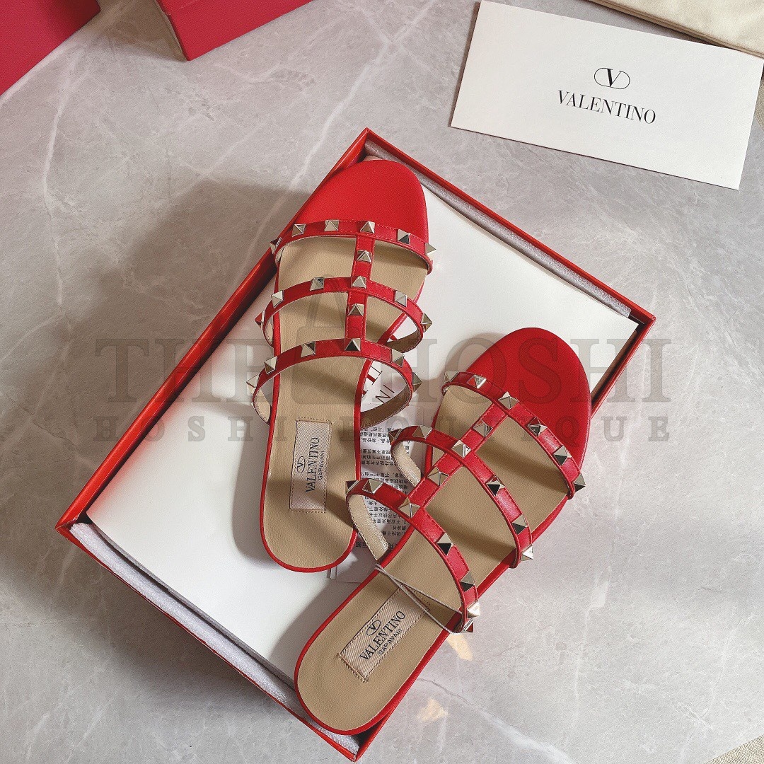 Va1e*ntin0 Garavani Rockstud Flat Sandals In Red Calfskin Master Quality