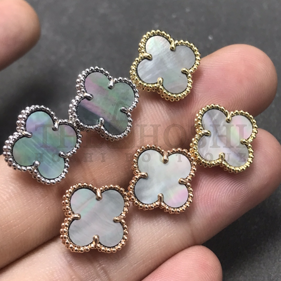 V*n Cl**f & Arpels Mother-of-pearl Clover Earrings in Gray, Vintage Alhambra earrings Master Quality
