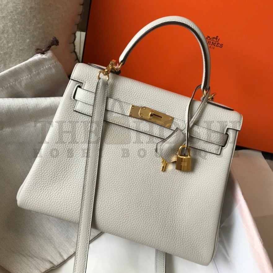 H**me5 Kelly 32cm Retourne Bag in Pearl Grey Clemence Leather GHW Master Quality