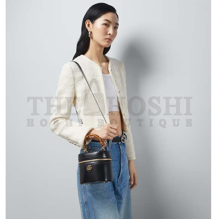 Gvc*1 Women GG Mini Bamboo Shoulder Bag Black Leather Bamboo Handle Double G Master Quality