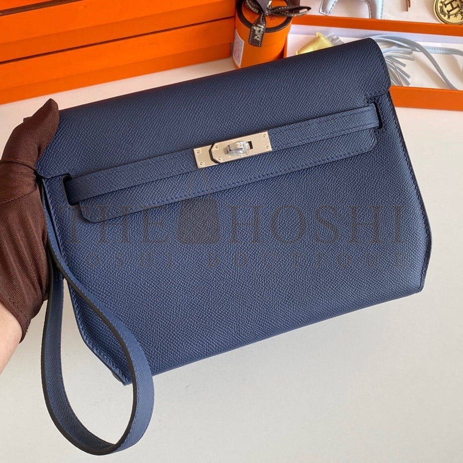 H**me5 Kelly Depeches 25 Pouch in Blue Saphir Epsom Calfskin Master Quality