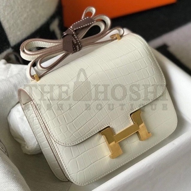 H**me5 Constance 18cm Bag In White Embossed Crocodile Master Quality