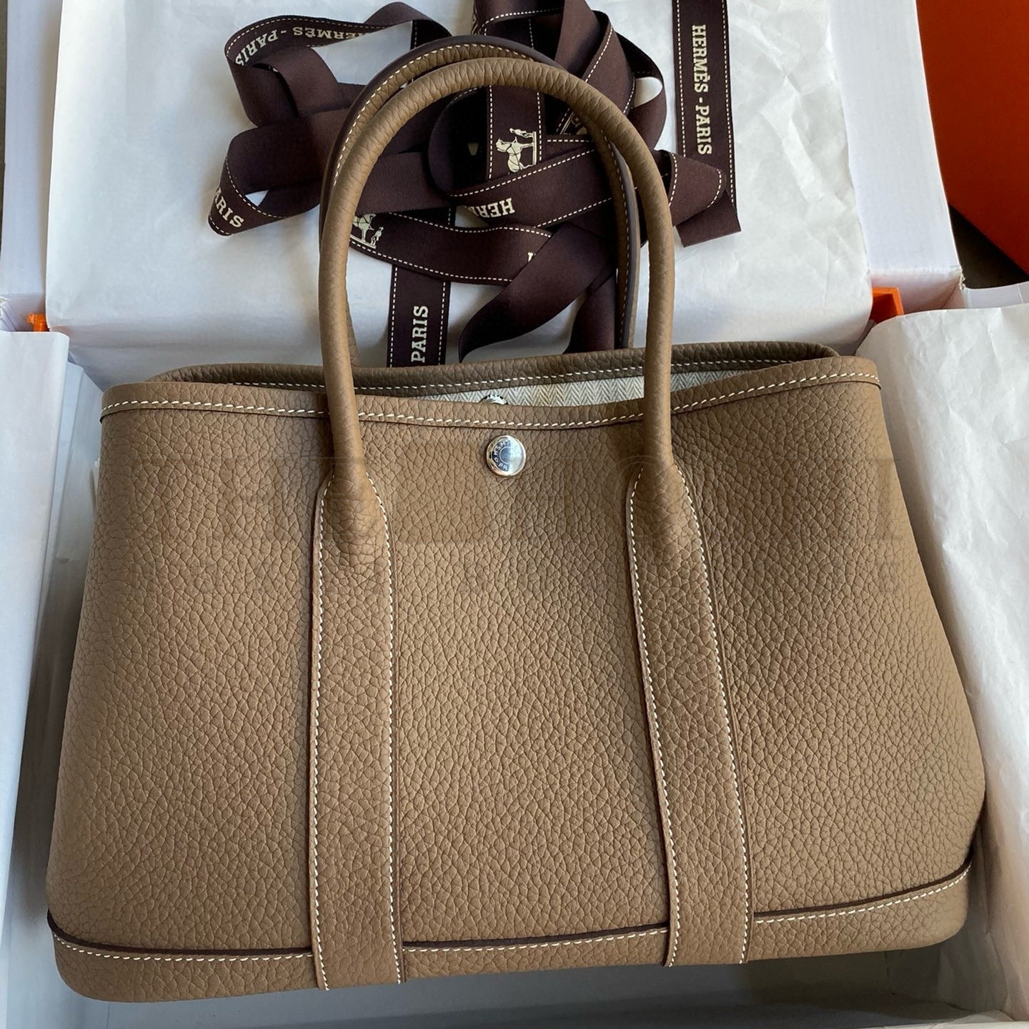 H**me5 Garden Party 30 Handmade Bag in Taupe Negonda Leather Master Quality