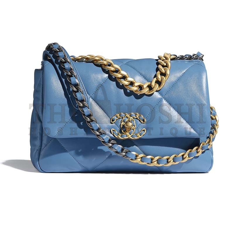 Ch**el Women Ch**el 19 Flap Bag Lambskin Gold Silver-Tone Ruthenium-Finish Metal Blue Master Quality