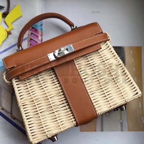 H**me5 Brown Picnic Kelly Mini 20cm Wicker Bag Master Quality
