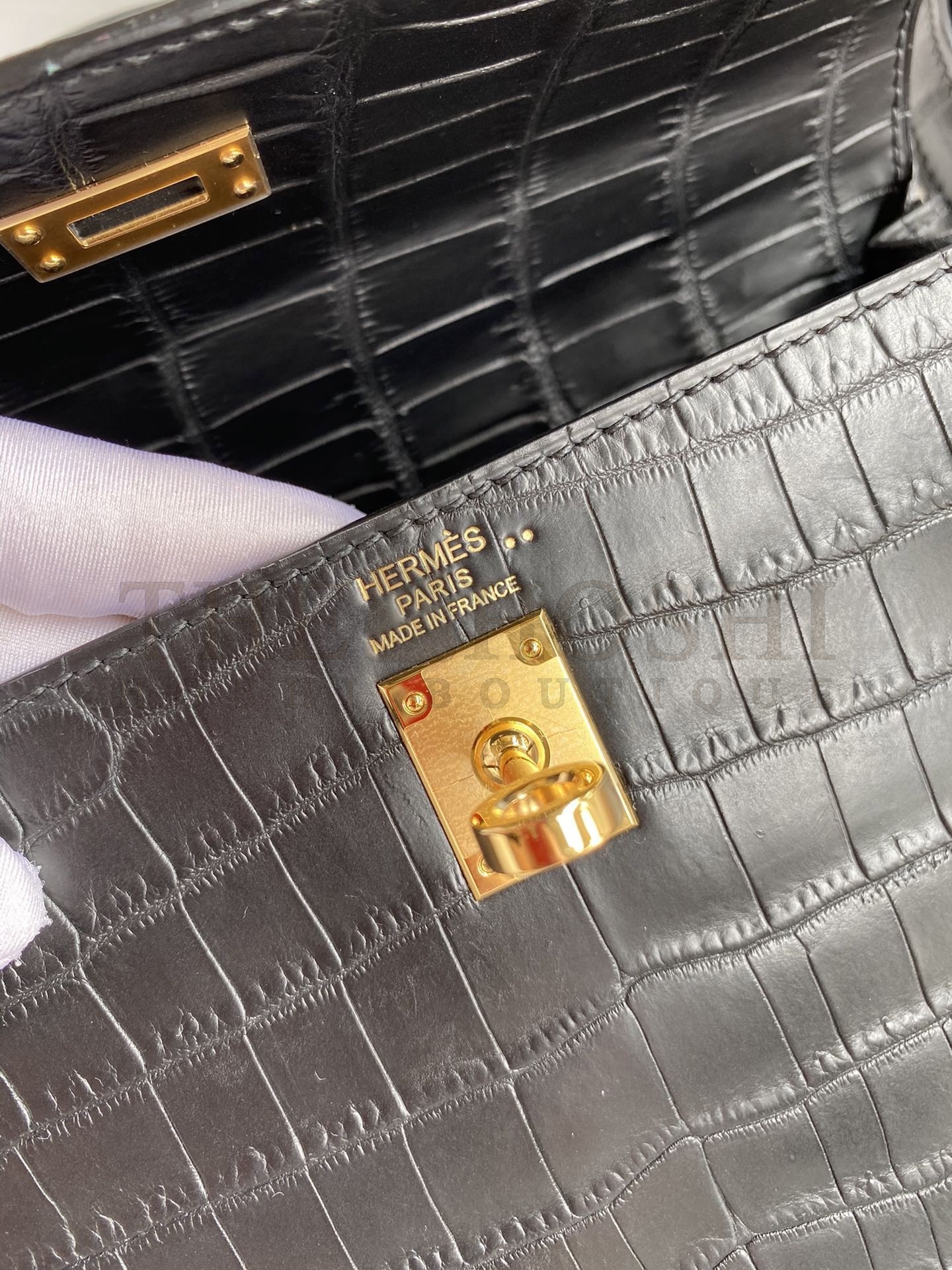 H**me5 Kelly Sellier 25 Handmade Bag In Black Crocodile Niloticus Matte Skin Master Quality