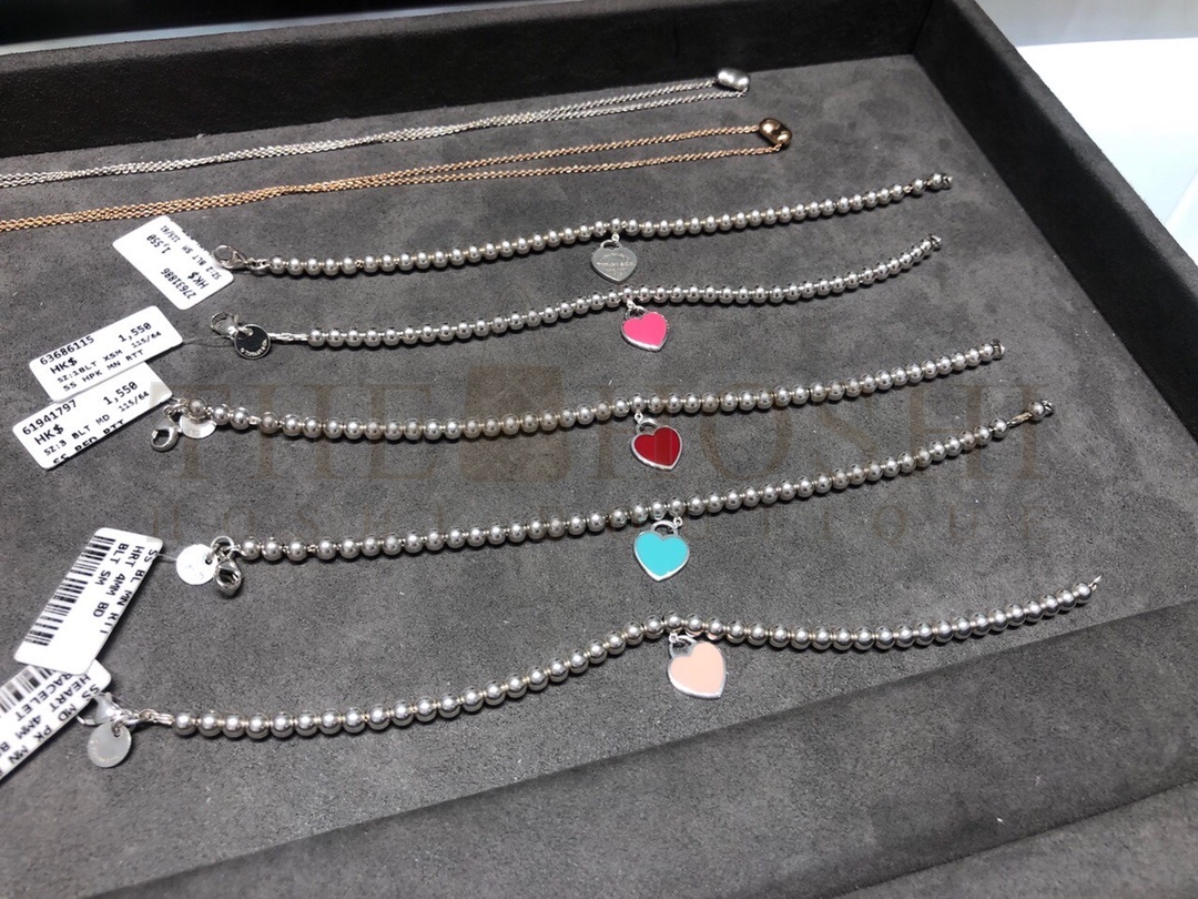 T*f*ny  T*f*ny& CO. Pink Heart Tag Bead Bracelet in Silver, 4 mm Master Quality