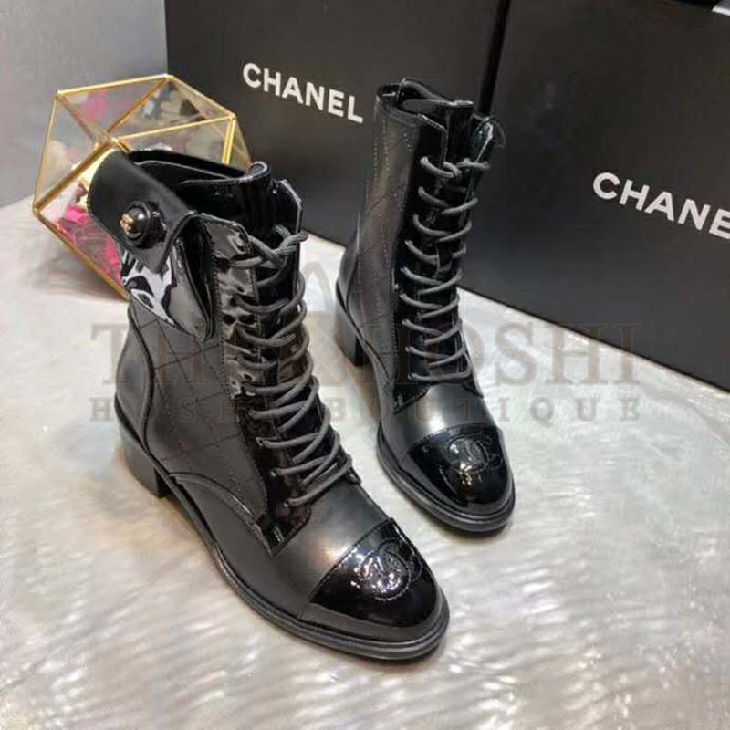 Ch**el Women Patent Calfskin &amp; Crumpled Calfskin Ankle Boots-Black Master Quality