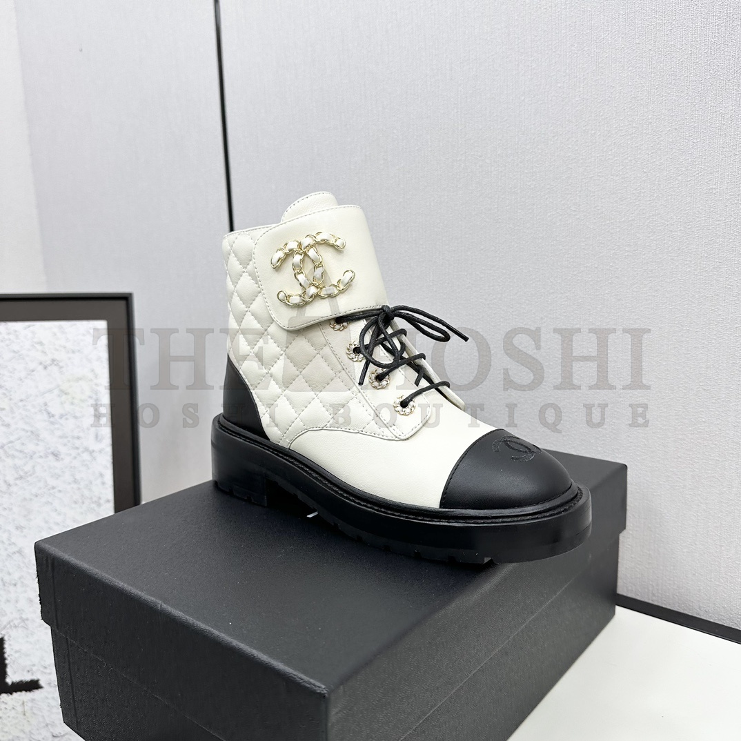 Ch**el  Shiny Lambskin Quilted Lace Up Combat Boots Master Quality