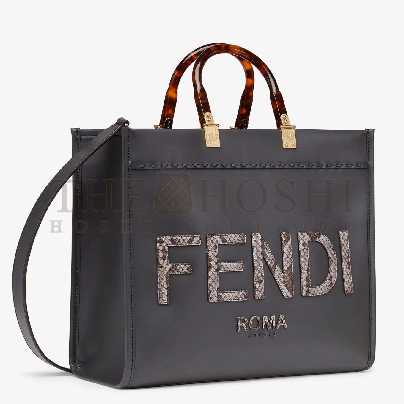 F**di Sunshine Medium Tote Bag in Black Leather with Python Logo Master Quality