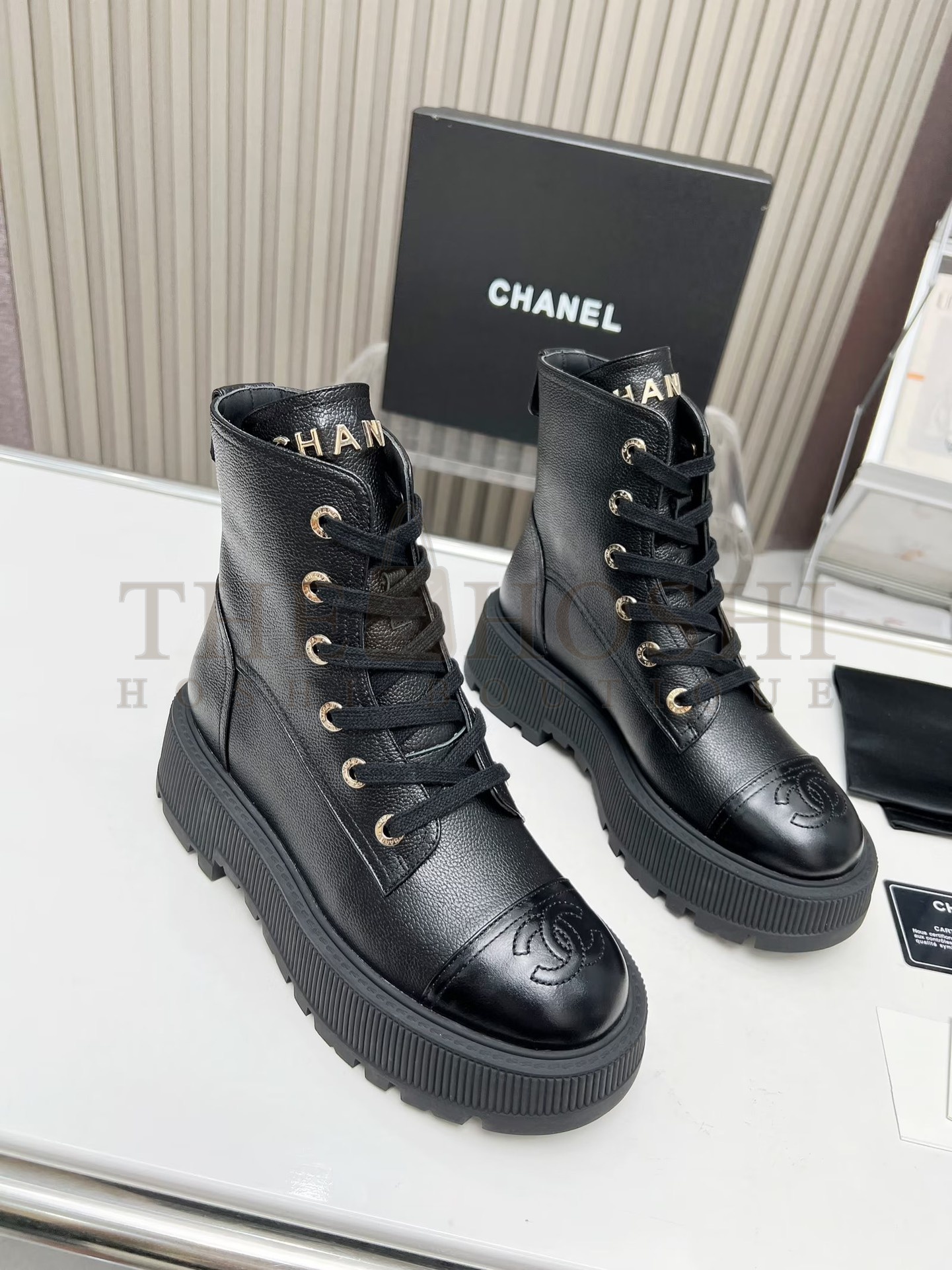 Ch**el  Shiny Lambskin Quilted Lace Up Combat Boots Master Quality