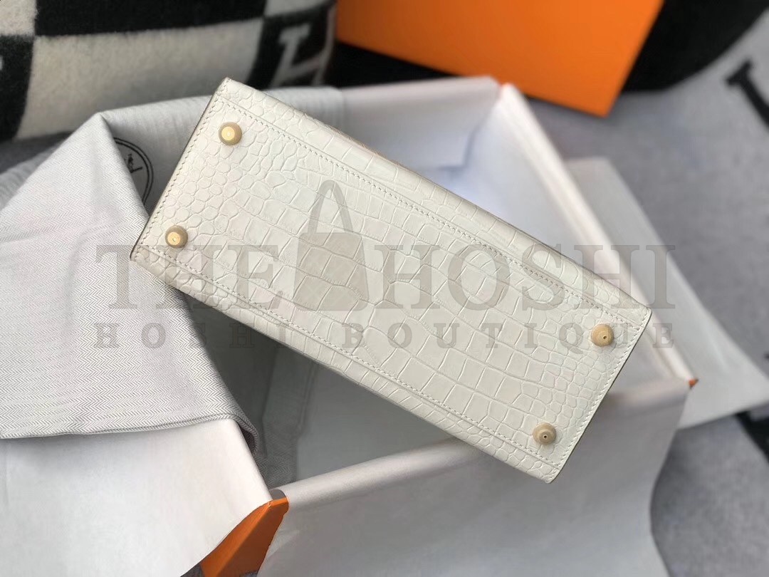 H**me5 Kelly 28cm Bag In White Embossed Crocodile GHW Master Quality