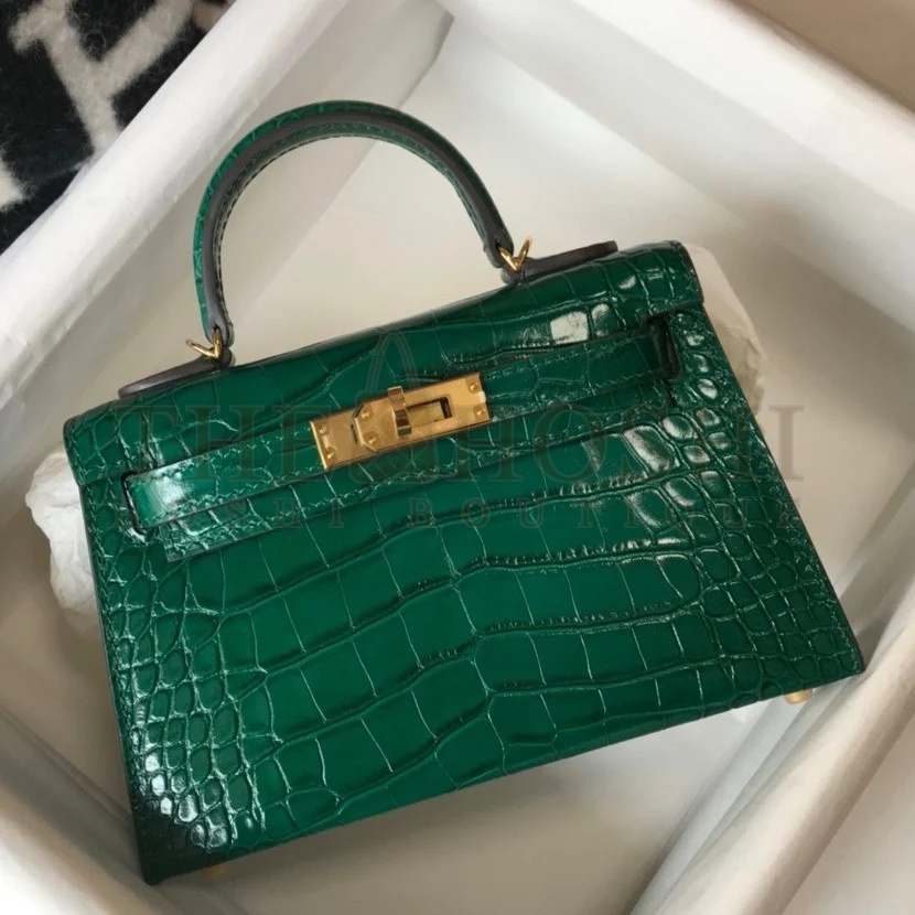H**me5 Kelly Mini II Sellier Bag In Green Crocodile Embossed Leather Master Quality