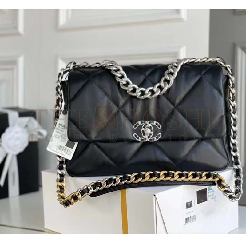 Ch**el Women 19 Large Handbag Lambskin Gold Silver-Tone Ruthenium-Finish Metal Black Master Quality