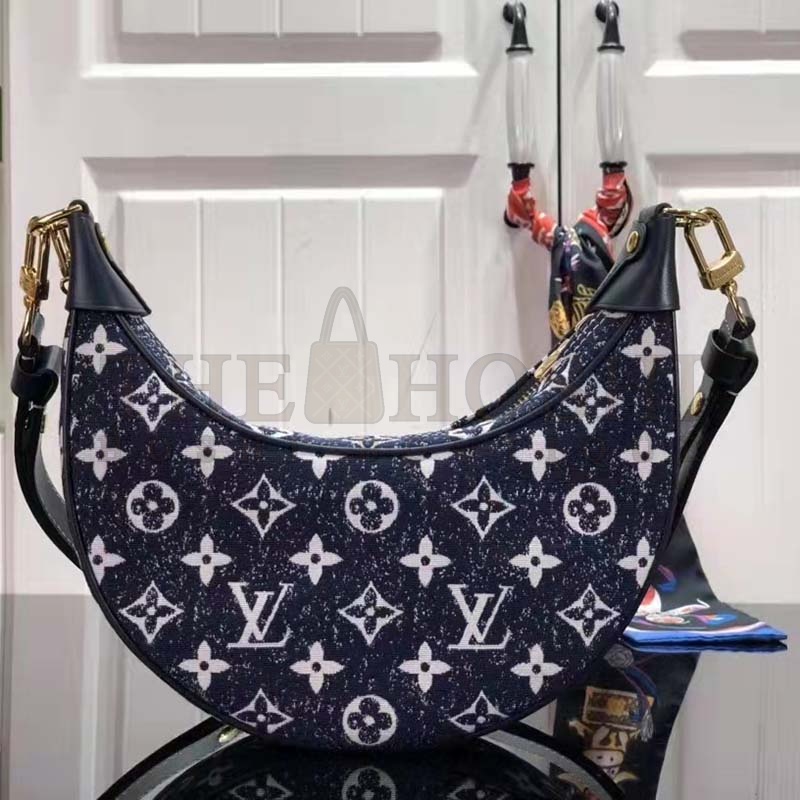 L0vis Vvtt0n LV Women Half-Moon Loop Baguette Handbag Navy Blue Denim Jacquard Master Quality