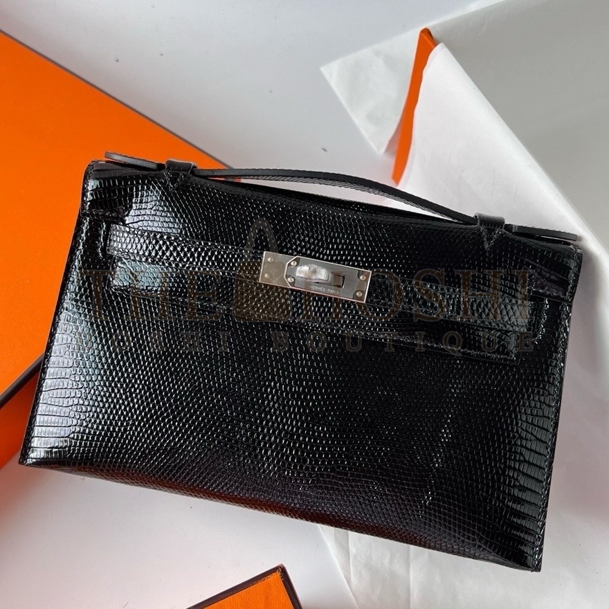 H**me5 Kelly Pochette Handmade Bag In Black Lizard Skin Master Quality