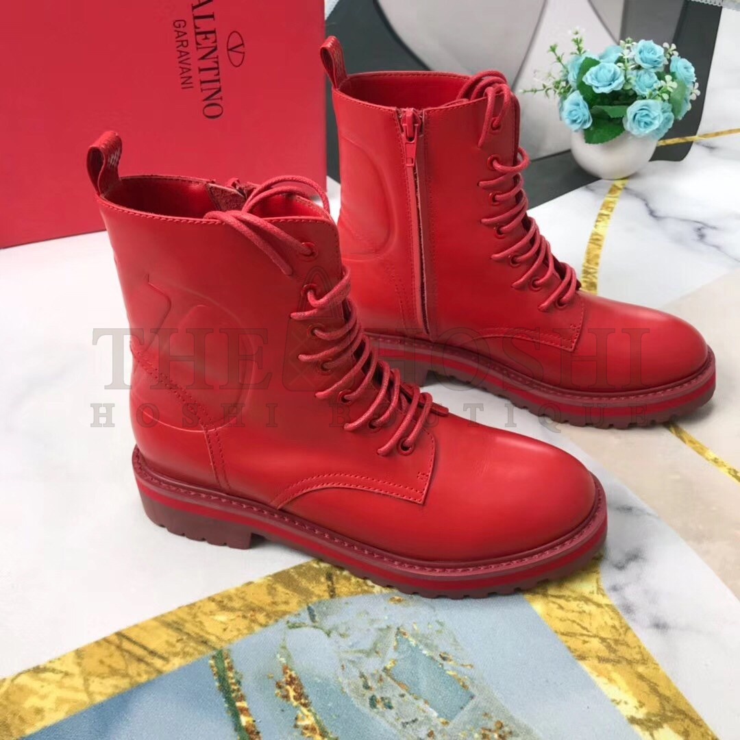 Va1e*ntin0 Red Leather VLogo Combat Boots Master Quality