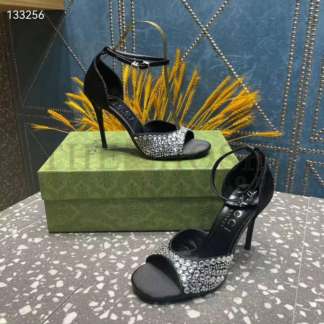 Gvc*1 Women G2 Mid-Heel Sandals Crystals Black Satin 11 CM Heel Double G Master Quality