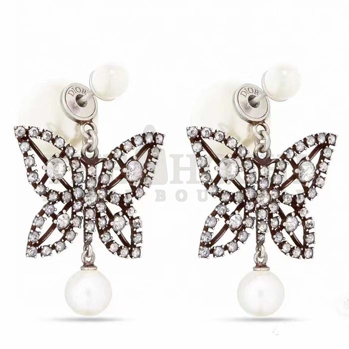 D10r Women CD Papillon De Nuit Earrings Antique Silver Metal Pearls Master Quality