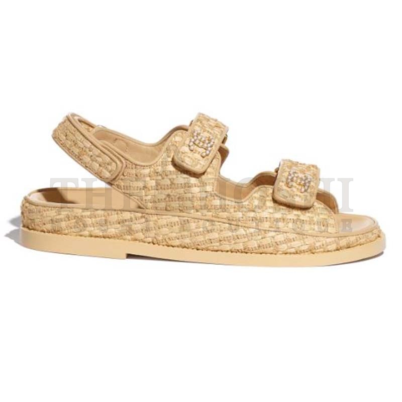 Ch**el Women Sandals Braided Fabric Beige 1 cm Heel Master Quality
