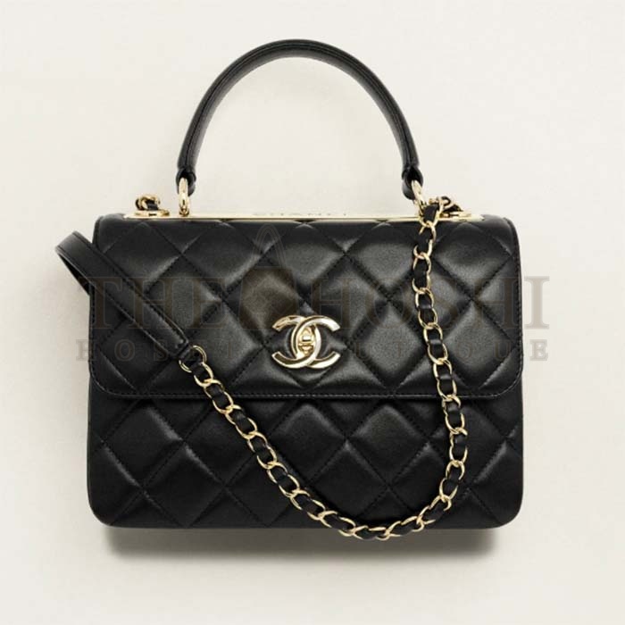 Ch**el Women CC Flap Bag Top Handle Lambskin Gold-Tone Metal Black Master Quality