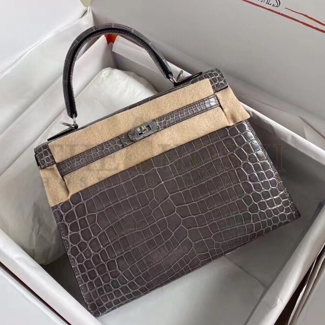 H**me5 Grey Kelly 25cm Shiny Niloticus Crocodile Skin Bag Master Quality