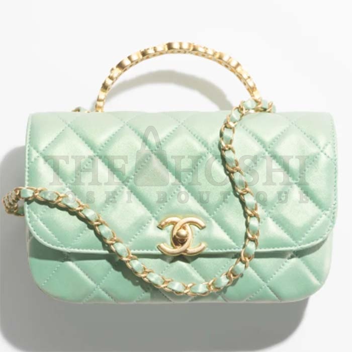 Ch**el Women CC Small Flap Bag Top Handle Pearly Lambskin Light Green Master Quality