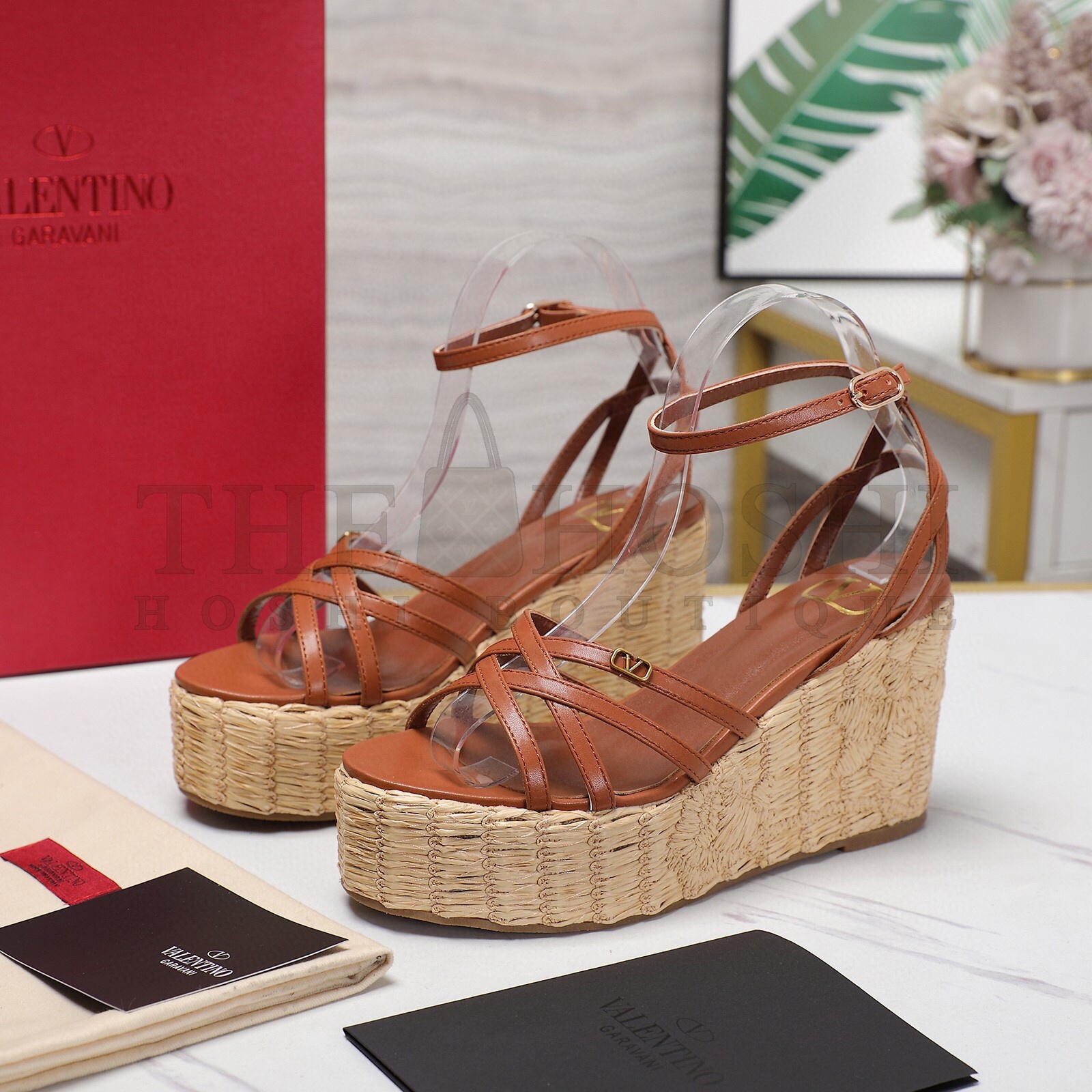 Va1e*ntin0 Raflower Wedge Sandals in Brown Calfskin Master Quality