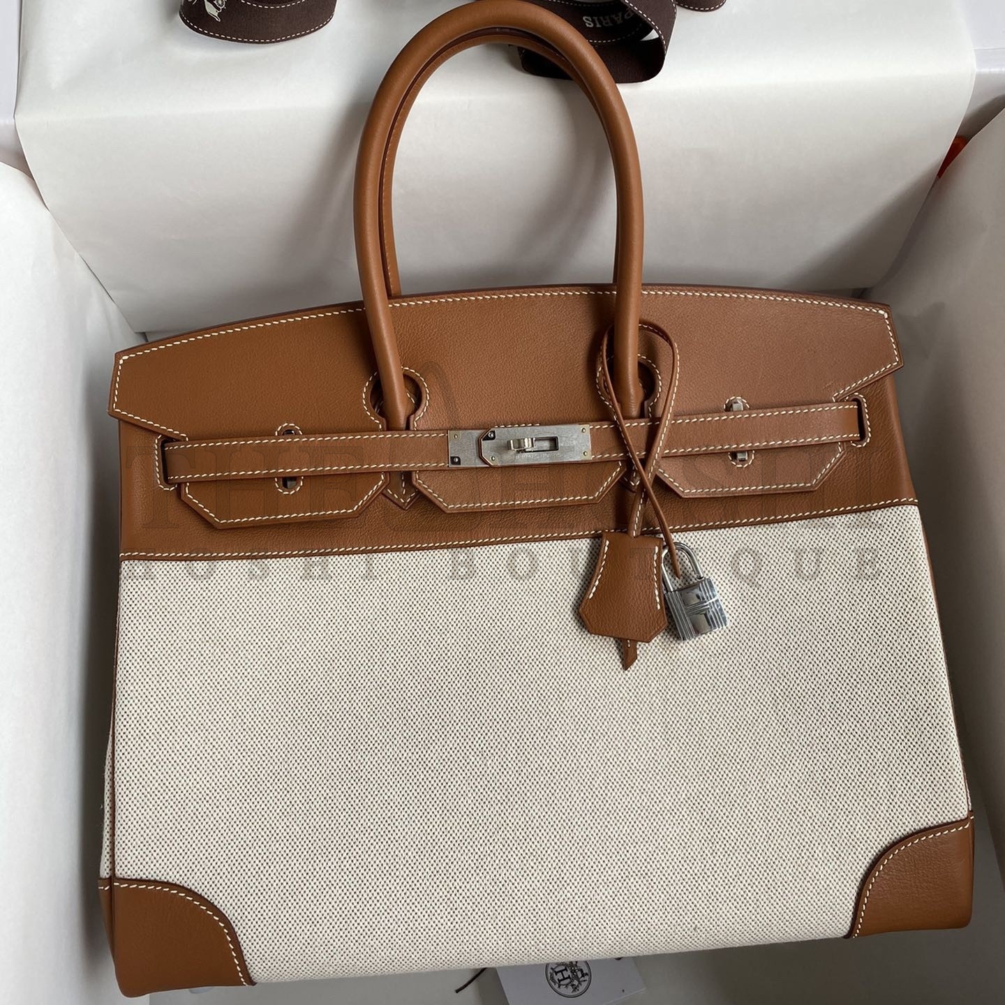 H**me5 Birkin 35 Handmade Bag In Toile &amp; Gold Swift Leather Master Quality