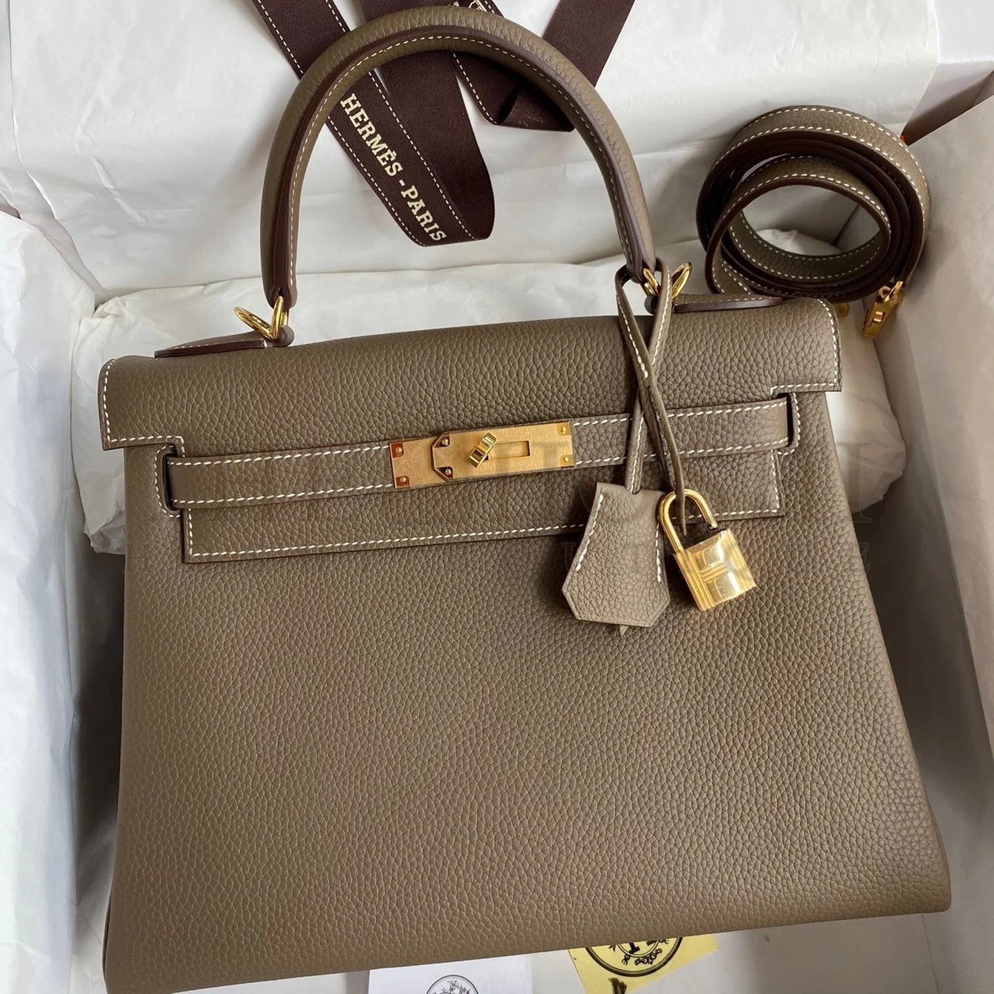 H**me5 Kelly Retourne 28 Handmade Bag In Taupe Clemence Leather Master Quality