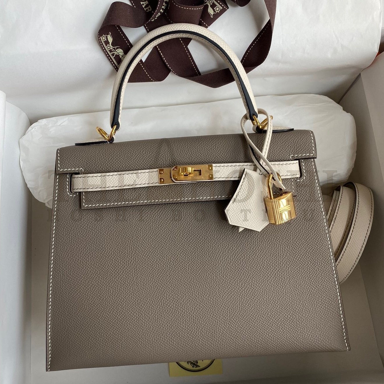 H**me5 Kelly Sellier 25 Bicolor Bag in Taupe and Craie Epsom Calfskin Master Quality