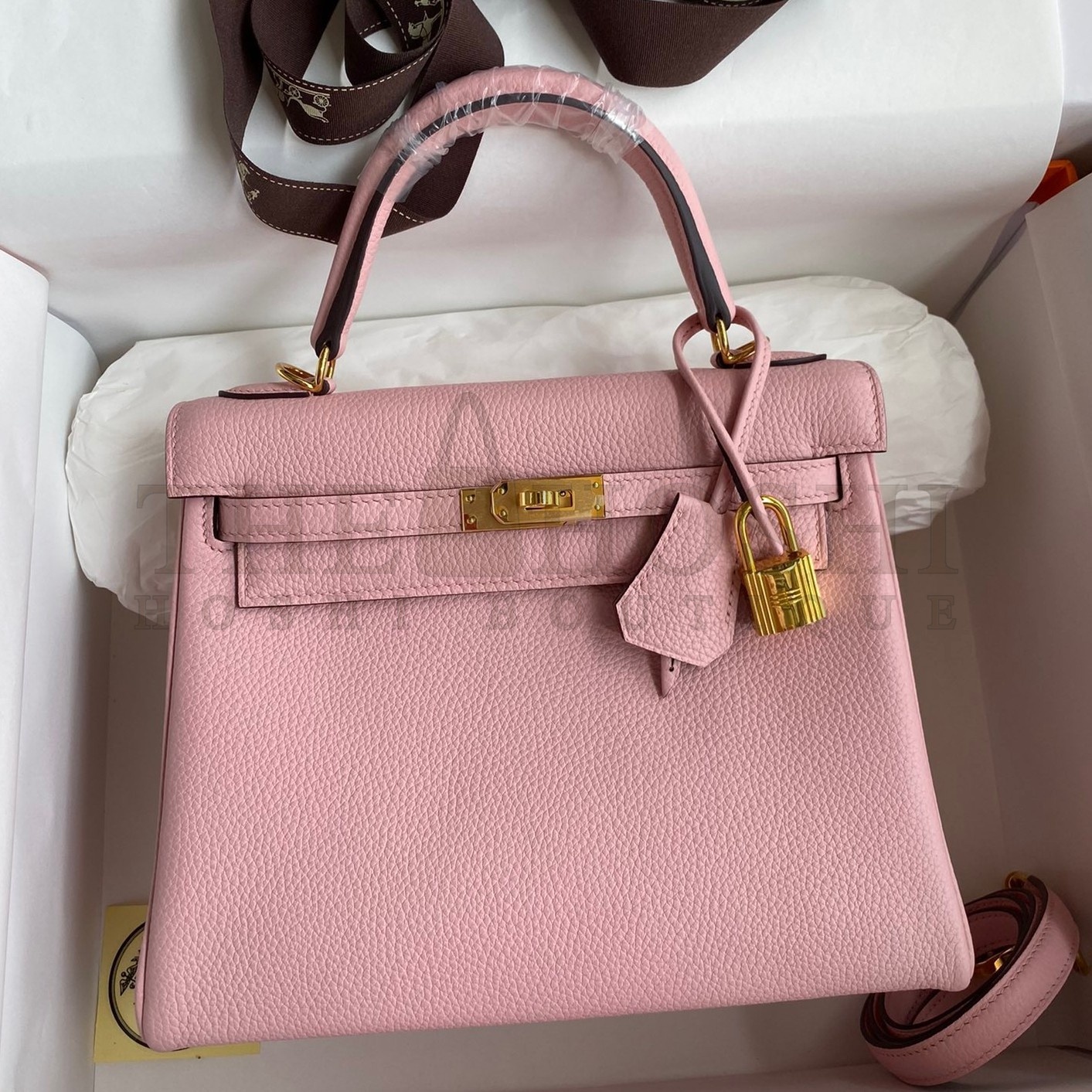 H**me5 Kelly Retourne 25 Handmade Bag In Rose Sakura Clemence Leather Master Quality
