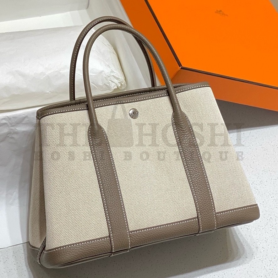 H**me5 Garden Party 30cm Bag in Toile and Taupe Leather Master Quality