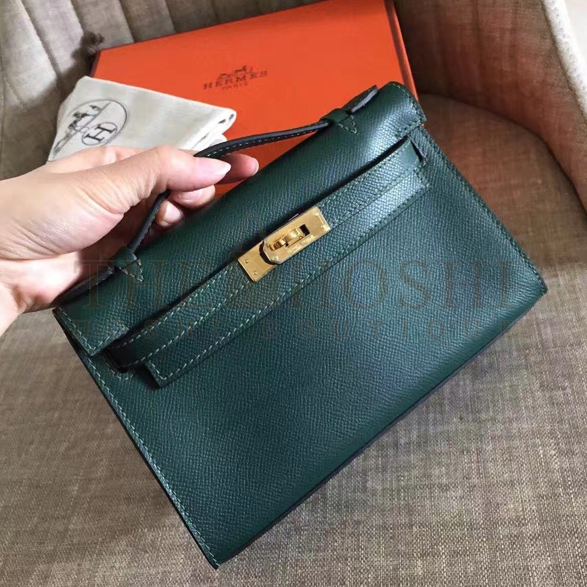 H**me5 Dark Green Kelly Pochette Epsom Handmade Bag Master Quality