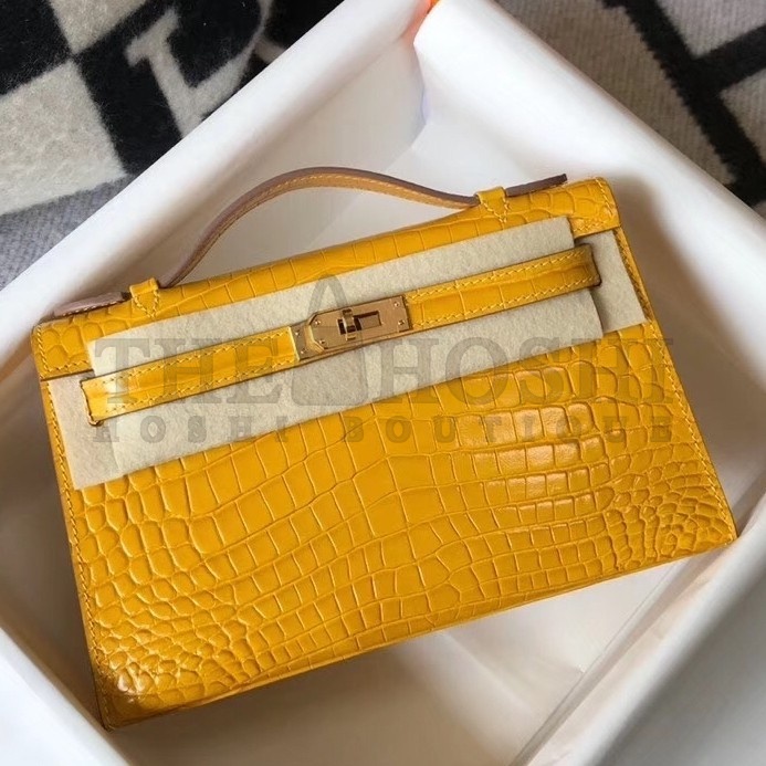 H**me5 Kelly Pochette Bag In Yellow Embossed Crocodile Leather Master Quality