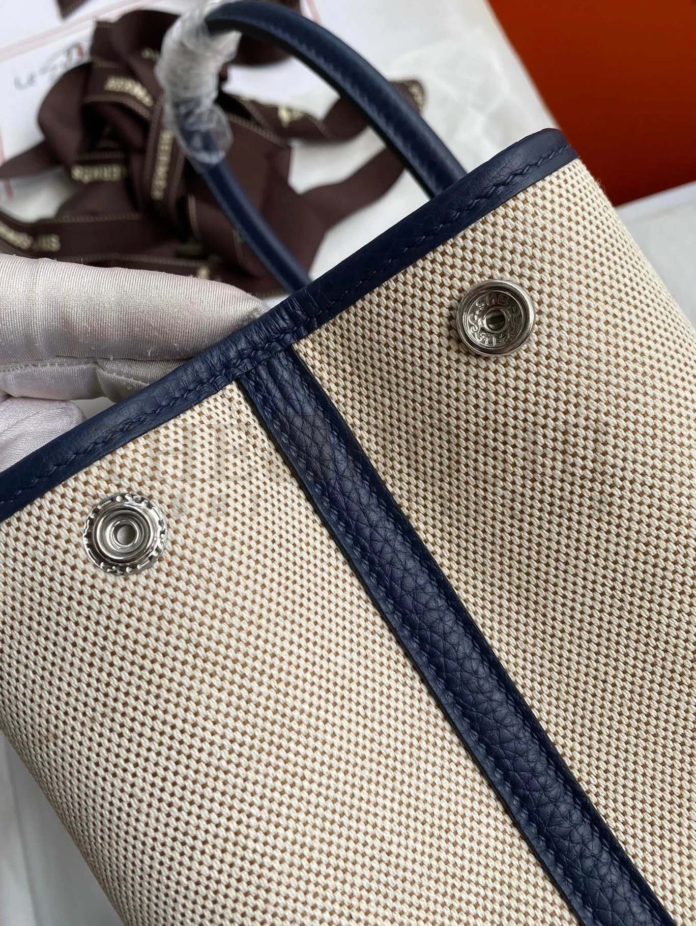 H**me5 Garden Party 30 Handmade Bag in Toile and Blue Leather Master Quality