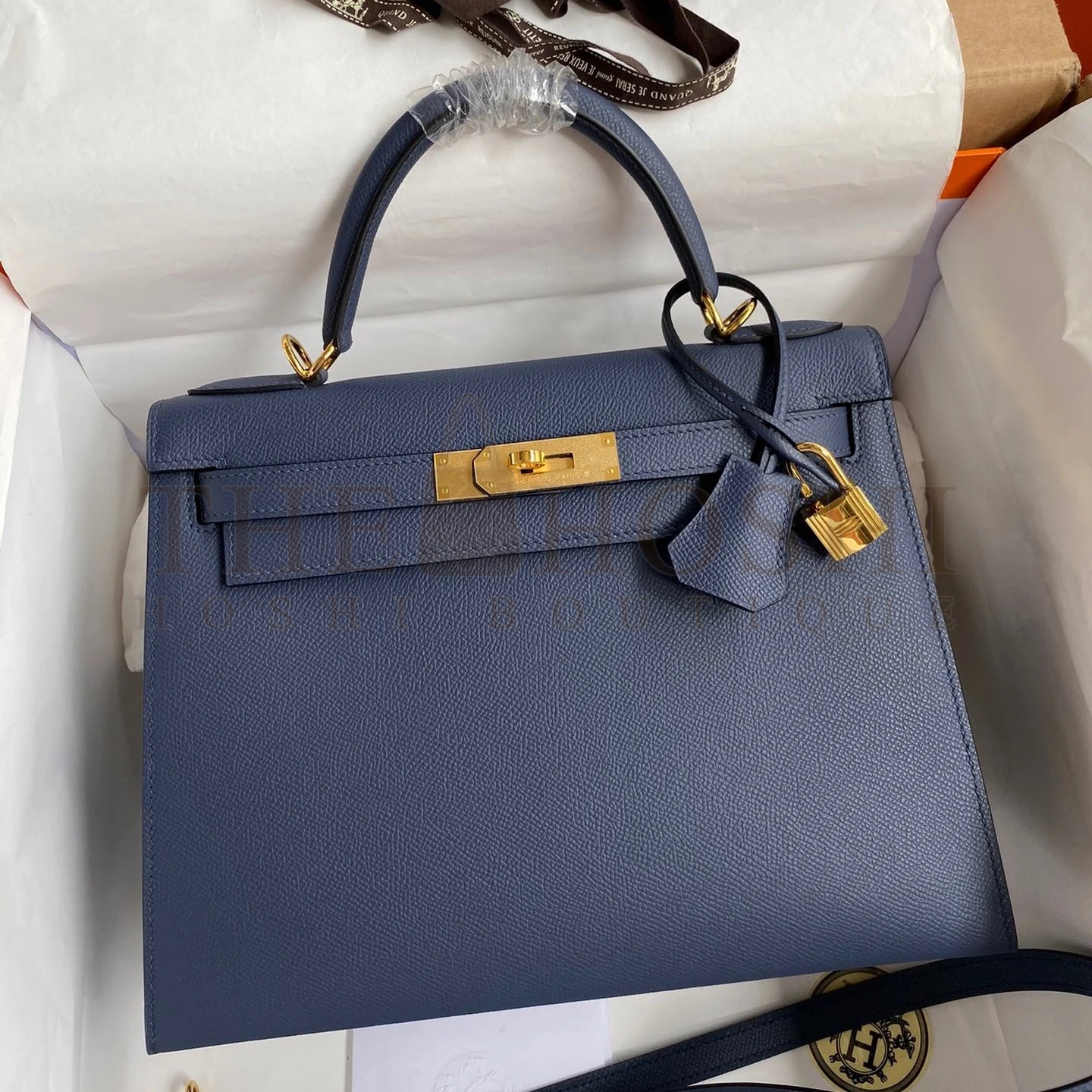 H**me5 Kelly Sellier 28 Handmade Bag In Blue Saphir Epsom Calfskin Master Quality