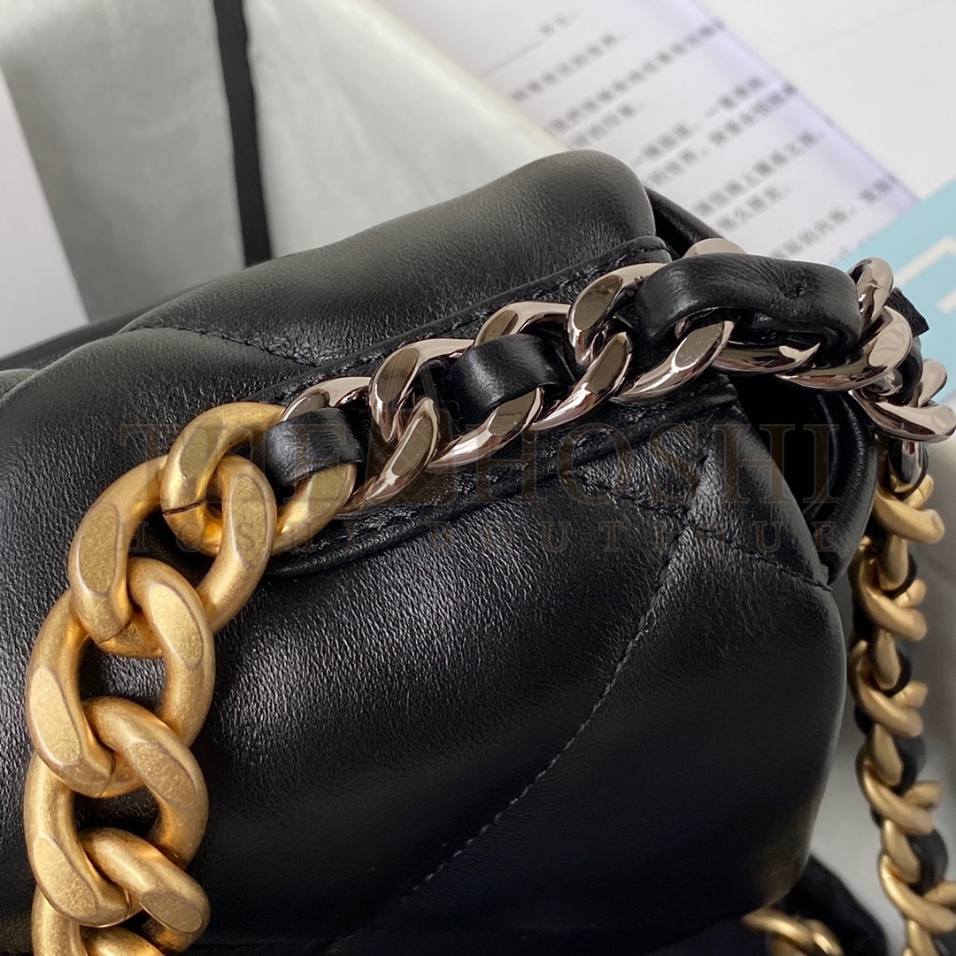 Ch**el Women 19 Flap Bag Lambskin Gold Silver-Tone Ruthenium-Finish Metal Black Master Quality