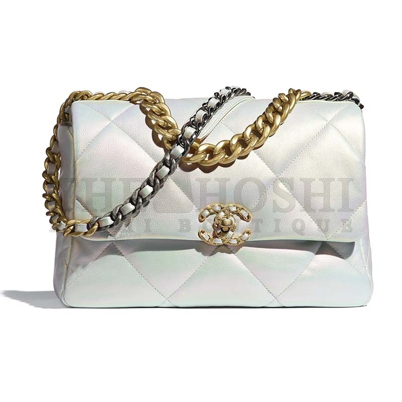 Ch**el Women 19 Large Flap Bag Iridescent Calfskin Gold Silver-Tone &amp; Ruthenium-Finish Metal White Master Quality