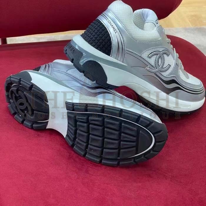 Ch**el trainer shoes Women CC Sneakers Fabric Laminated White Silver Master Quality