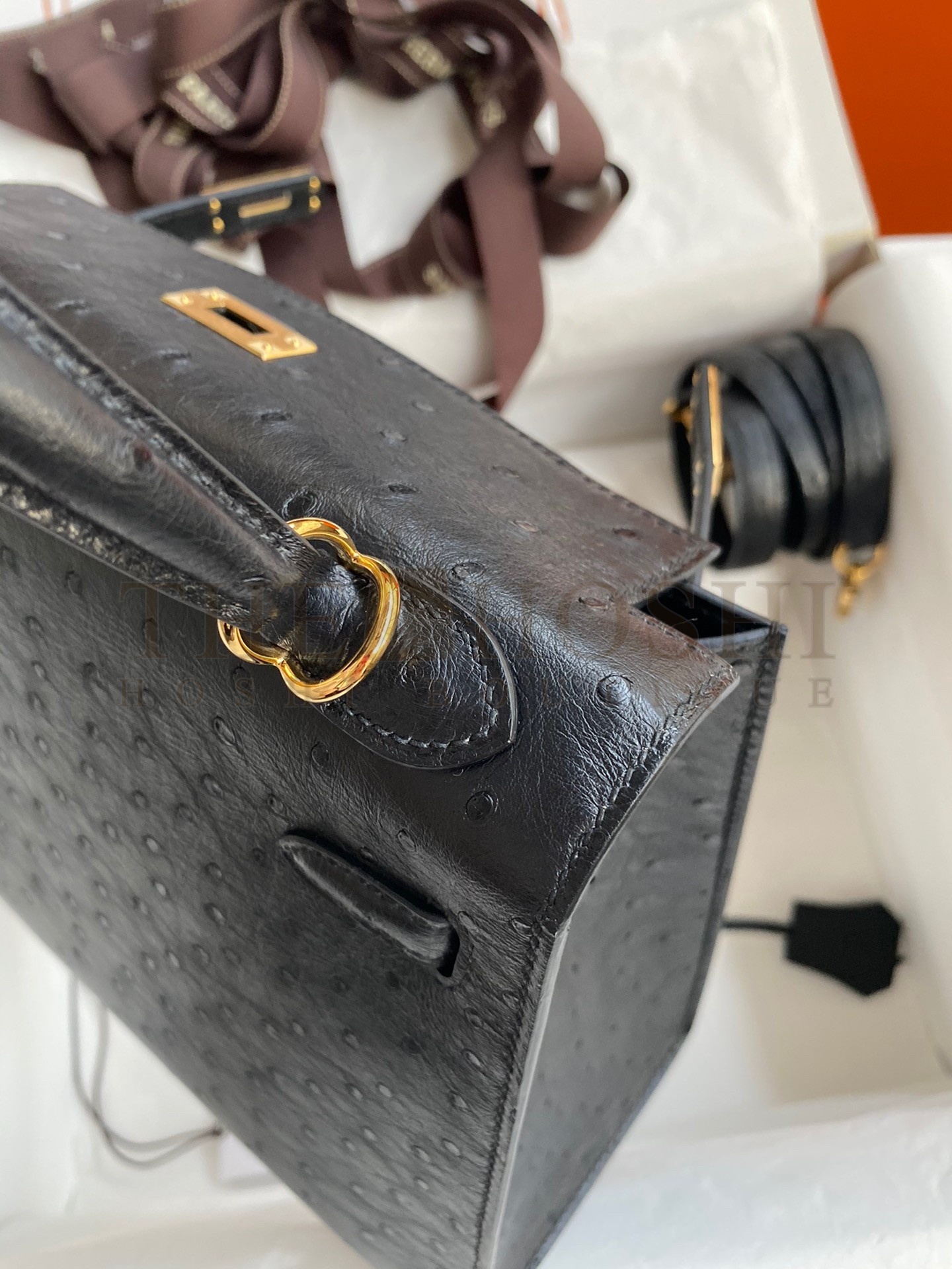 H**me5 Kelly Sellier 25 Handmade Bag In Black Ostrich Leather Master Quality