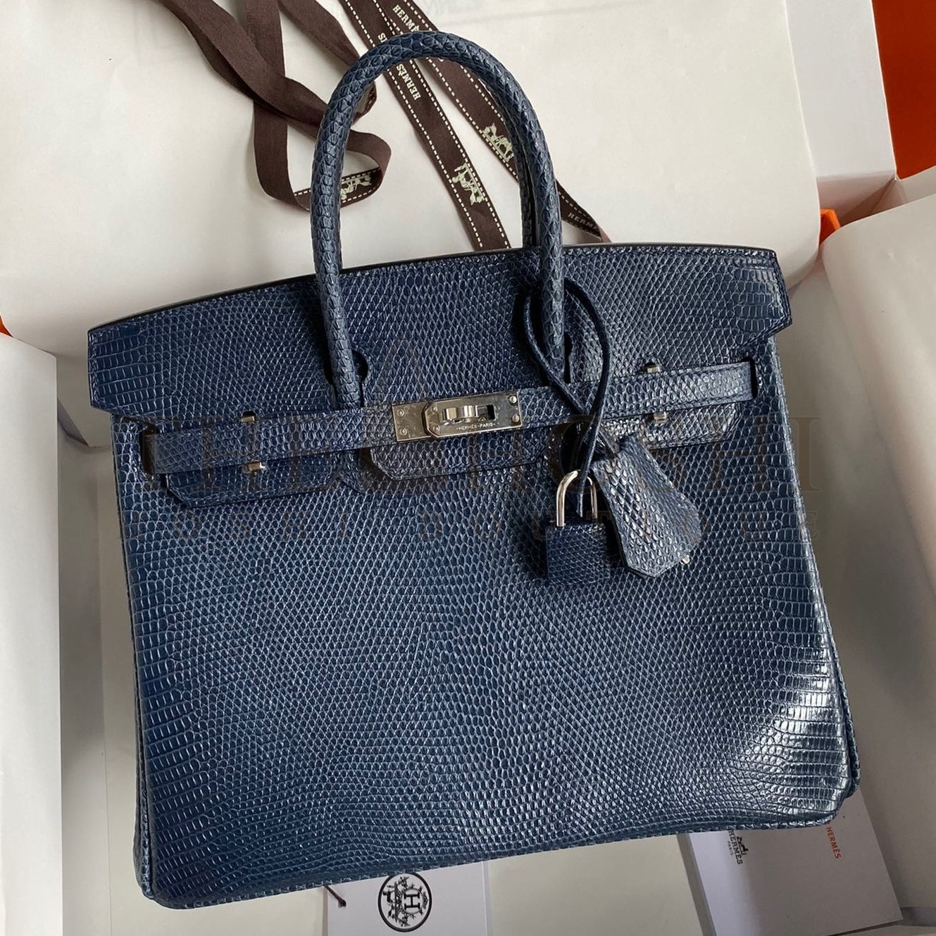 H**me5 Birkin 25 Retourne Handmade Bag In Blue Saphir Lizard Leather Master Quality