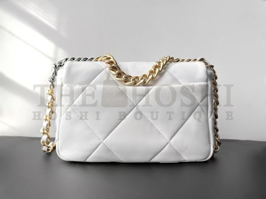 Ch**el Women CC 19 Flap Bag Calfskin Gold Silver-Tone Metal White Master Quality