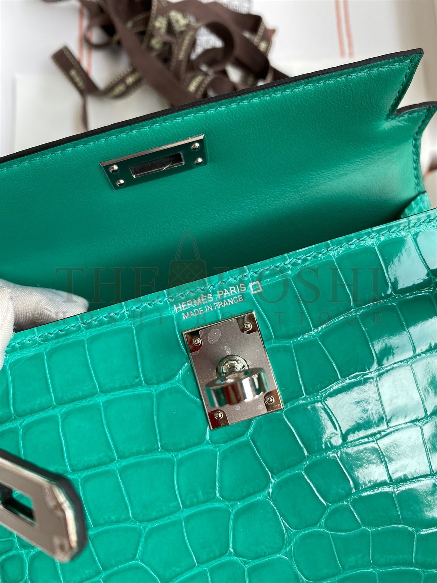 H**me5 Kelly Mini II Sellier Handmade Bag In Vert Jude Shiny Alligator Leather Master Quality
