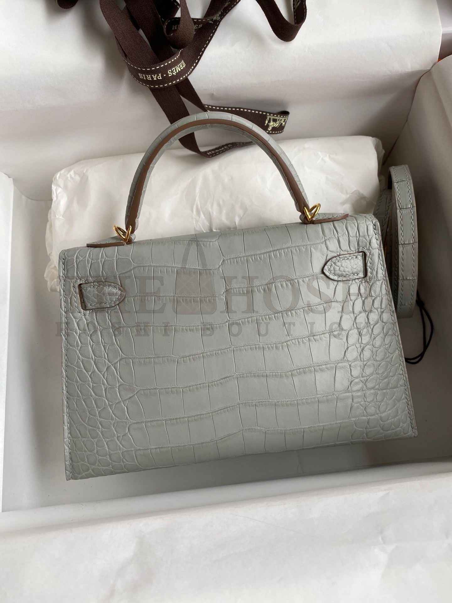 H**me5 Kelly Mini II Sellier Handmade Bag In Pearl Grey Matte Alligator Leather Master Quality