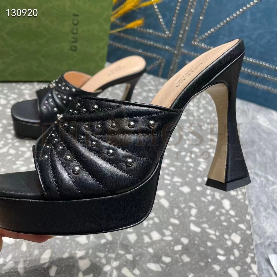 Gvc*1 Women G2 Heeled Slide Sandals Black Leather Studs Spool High 15 Cm Heel Master Quality