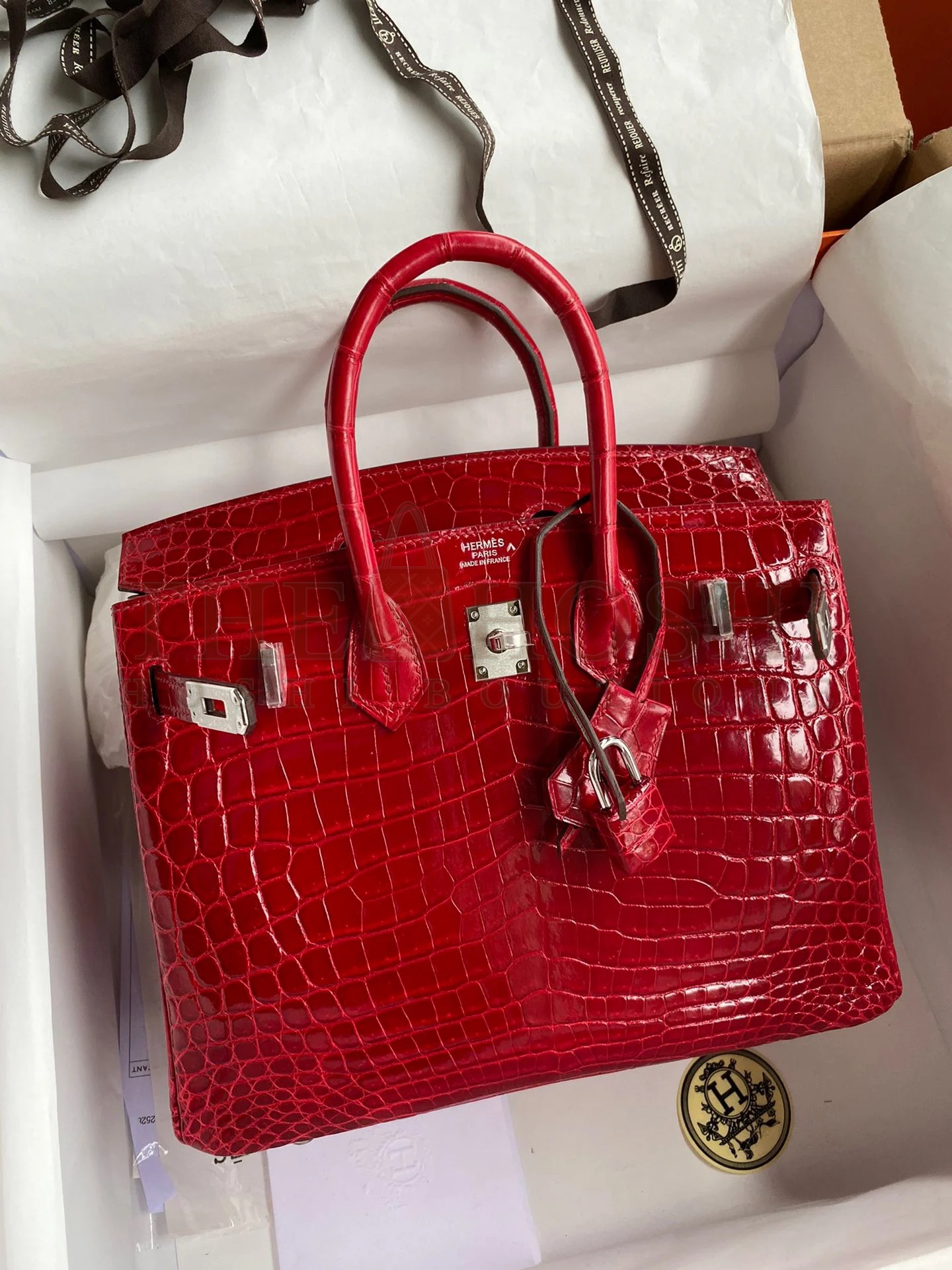 H**me5 Birkin 25 Handmade Bag In Red Crocodile Porosus Shiny Skin Master Quality