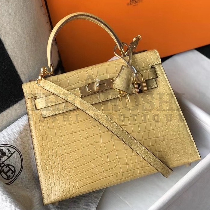 H**me5 Kelly 25cm Bag In Jaune Poussin Embossed Crocodile Master Quality