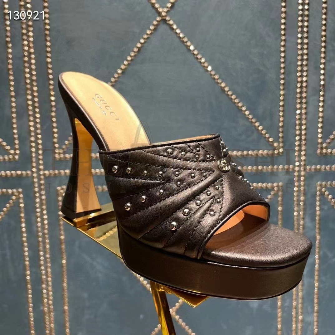 Gvc*1 Women G2 Heeled Slide Sandals Black Leather Studs Spool High 15 Cm Heel Master Quality